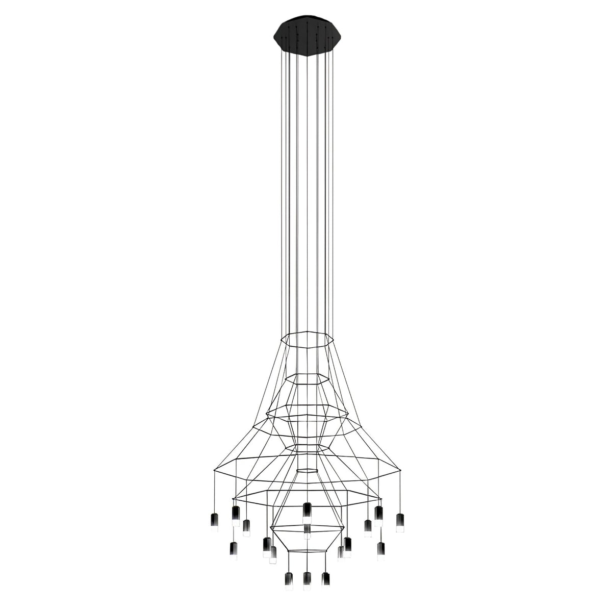Clérachic fine-wire chandelier with a flared frame, an octagonal canopy and about twenty LED drops, on white.