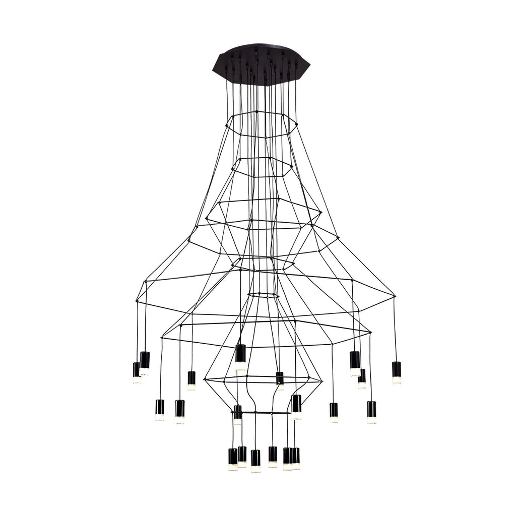 Clérachic wire chandelier with several black polygon frames and about twenty LED drops at different heights, cut out on white.