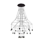 Clérachic wire chandelier with several black polygon frames and about twenty LED drops at different heights, cut out on white.