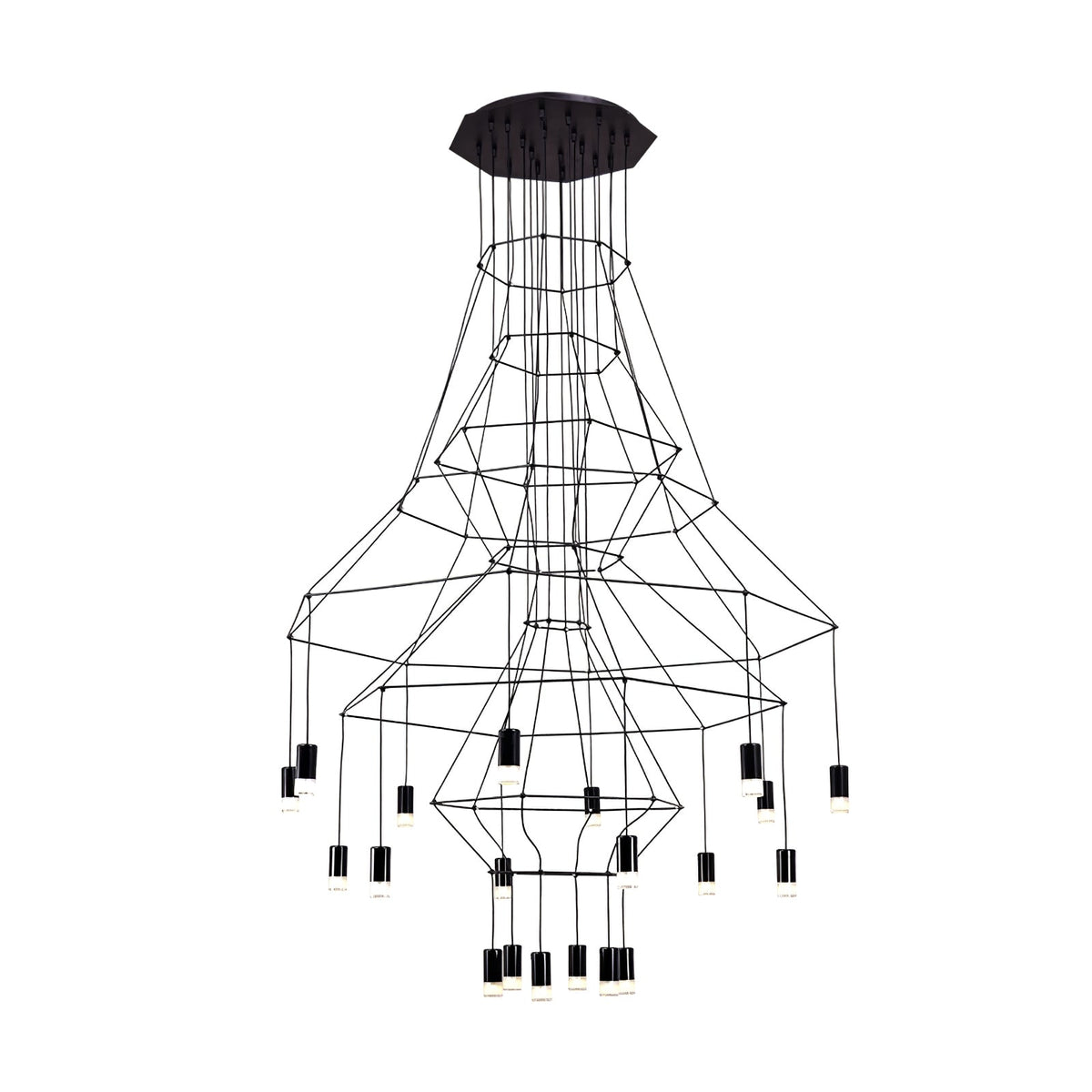Clérachic wire chandelier with several black polygon frames and about twenty LED drops at different heights, cut out on white.