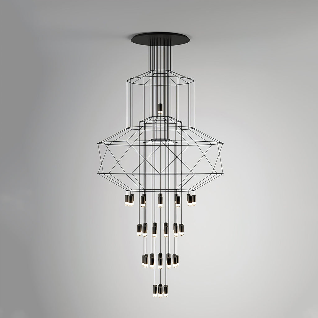 Studio view of the Clérachic stacked-frame chandelier, with its drops of LED terminals, on a pale grey gradient.