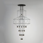 Studio view of the Clérachic stacked-frame chandelier, with its drops of LED terminals, on a pale grey gradient.