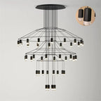 Clérachic wire chandelier with three flared tiers and many LED drops, with a small round inset showing two drops close up.