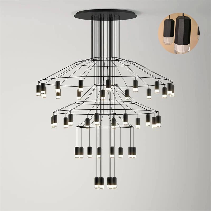 Clérachic wire chandelier with three flared tiers and many LED drops, with a small round inset showing two drops close up.