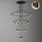 Tiered Clérachic wire chandelier on a grey backdrop, with a round inset in the corner showing the black drop fittings.