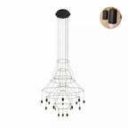 Clérachic fine-wire chandelier with a flared frame and about twenty drops, on white, with a round inset of two black drops.