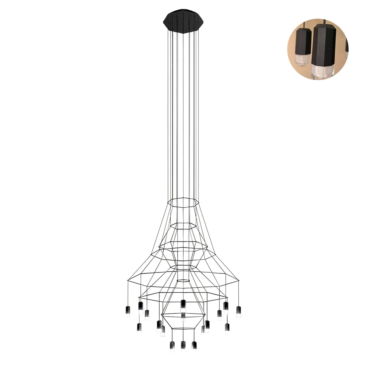 Long-drop Clérachic wire chandelier on white, its flared wire frame ending in lit LEDs, with a round inset of two drop fittings.