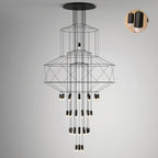 Clérachic stacked-frame wire chandelier on a grey backdrop, with a small round inset showing two black LED drops.