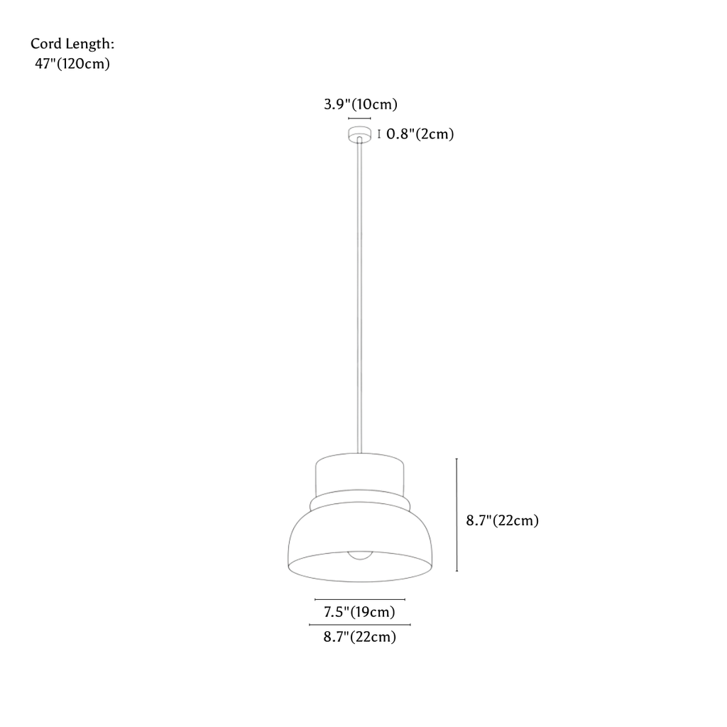 Clérachic pendant light dimension drawing, M, every measurement marked in centimetres and inches.