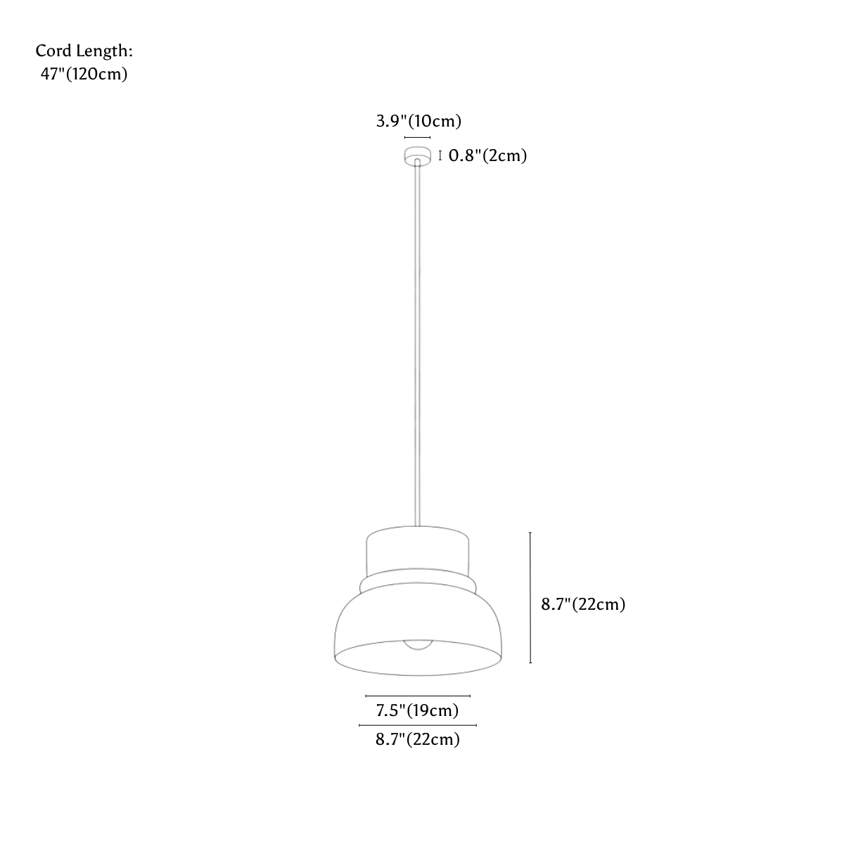 Clérachic pendant light dimension drawing, M, every measurement marked in centimetres and inches.