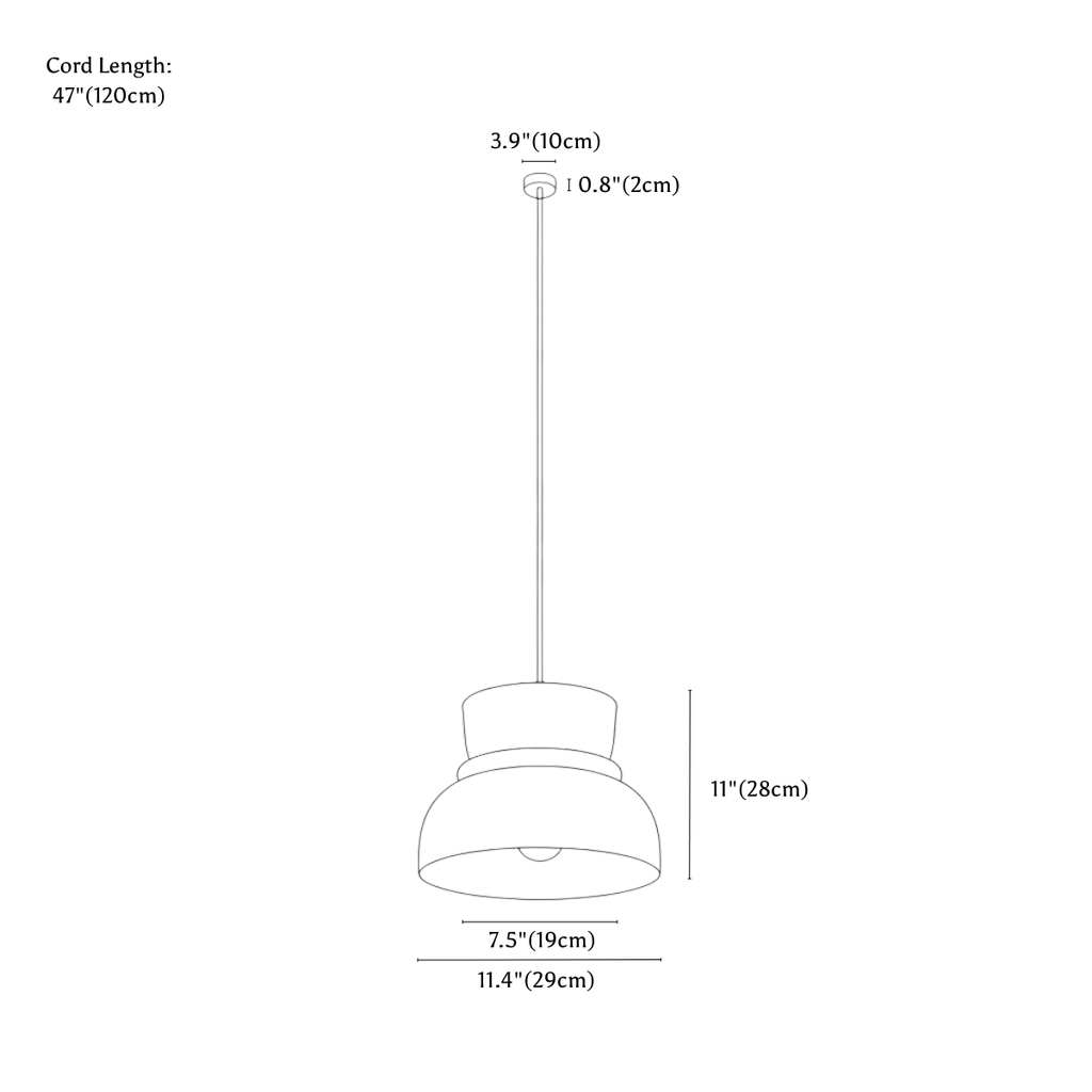 Clérachic pendant light dimension drawing, L, every measurement marked in centimetres and inches.