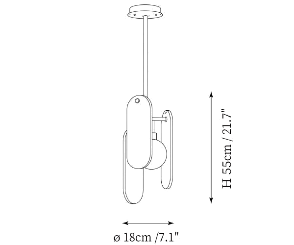 Dimension drawing of this Clérachic pendant, with its height of 55 cm and diameter of 18 cm marked.
