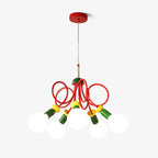 Five round white bulbs on green sockets with looping red cables, this Clérachic pendant hung from a red canopy on white.