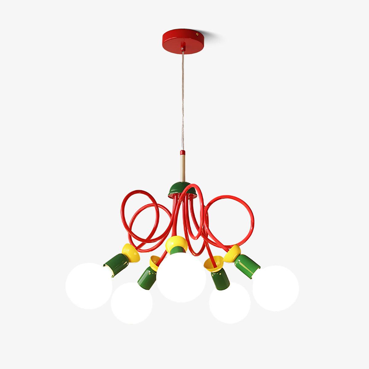 Five round white bulbs on green sockets with looping red cables, this Clérachic pendant hung from a red canopy on white.