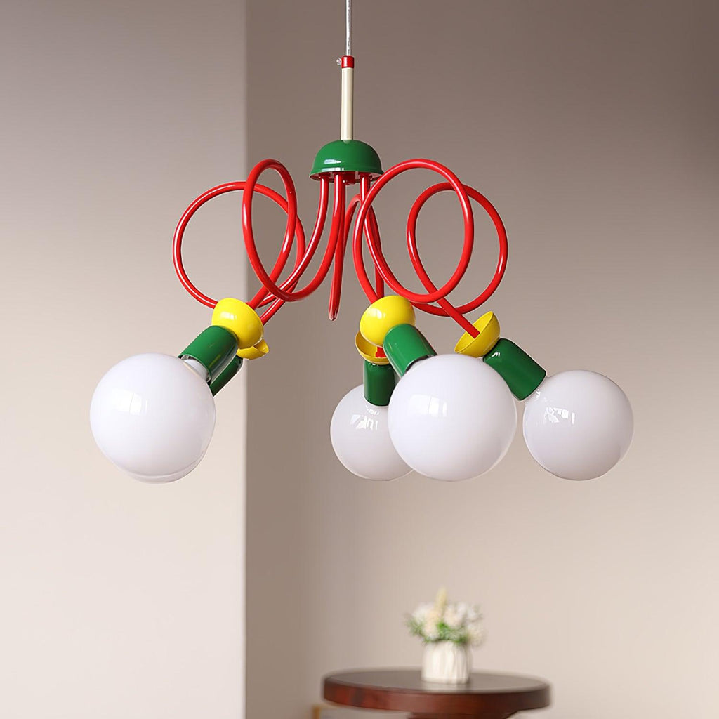 Looking up at this Clérachic pendant, the round white bulbs spread beneath a green cap and bright red looped tubes.