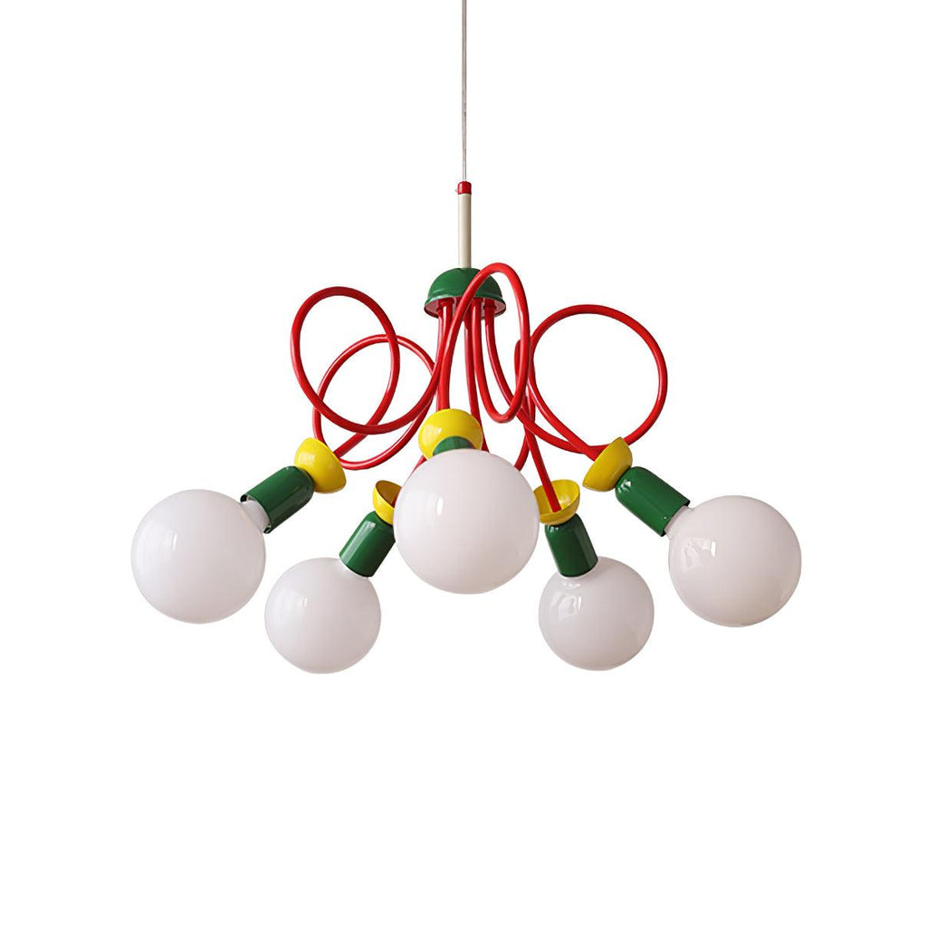 Clérachic pendant with five frosted globes, green sockets and red loops, cut out on a plain white backdrop.