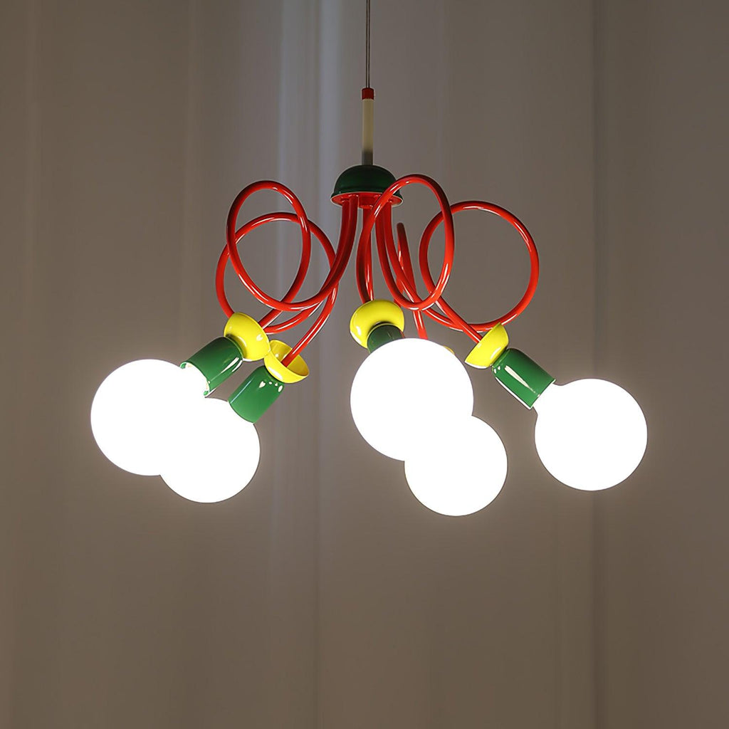 Five bright globe bulbs light this Clérachic pendant against grey drapes, its red loops and green sockets clear above them.