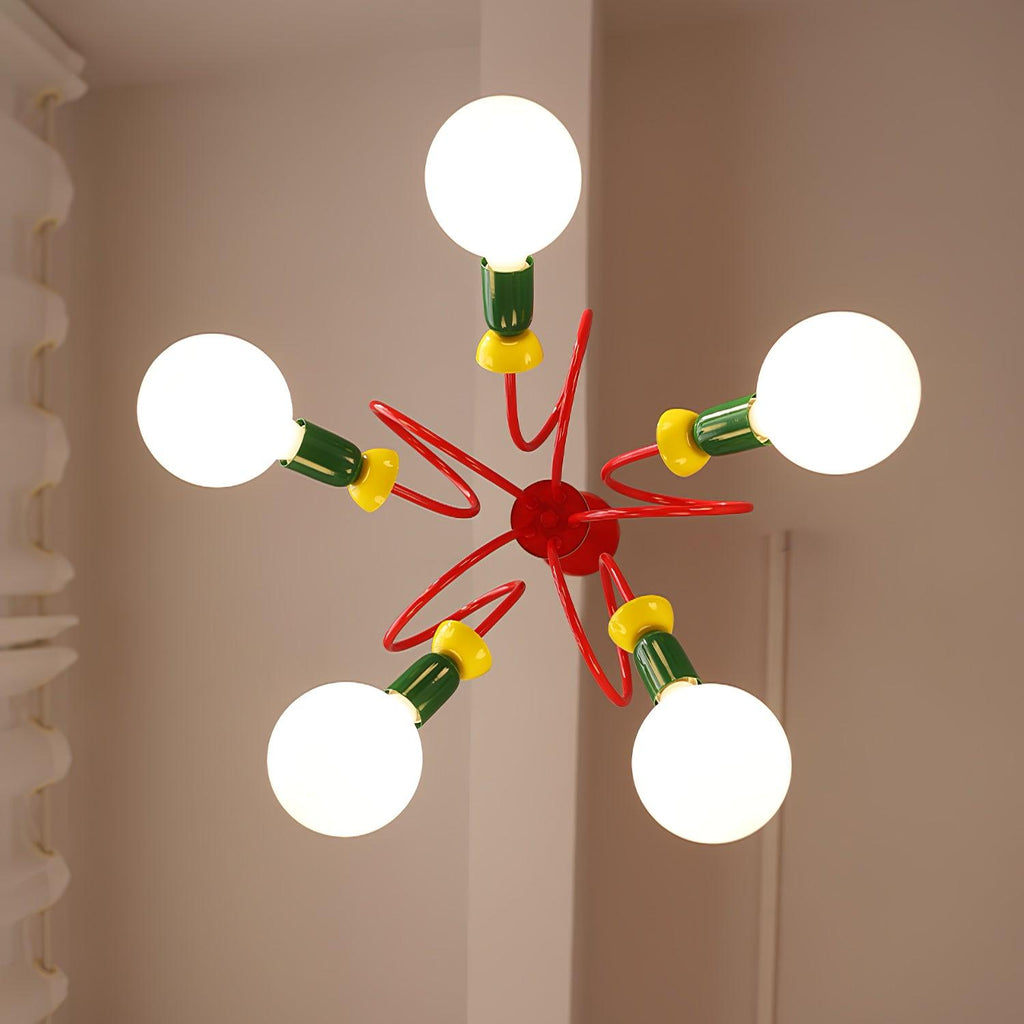 View from directly below this Clérachic pendant, showing five globe bulbs radiating from a red centre on a beige wall.
