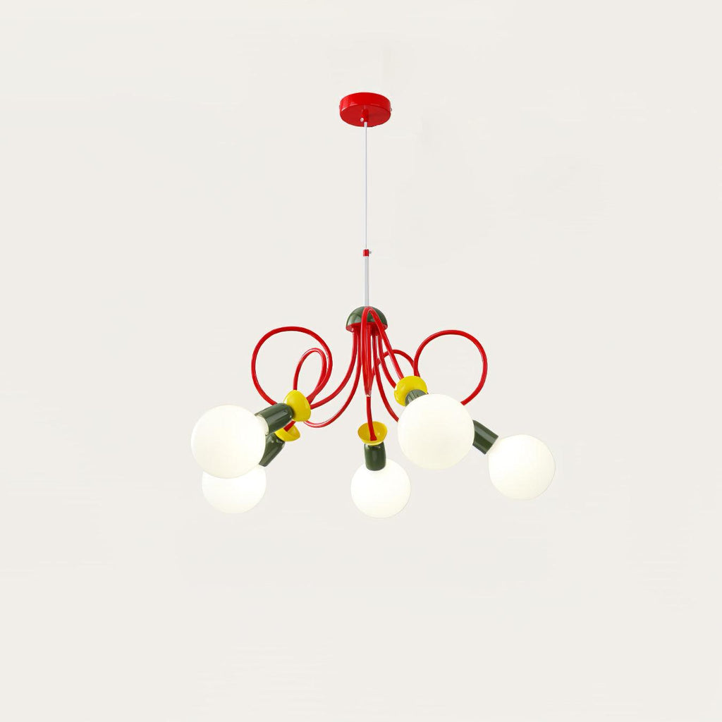 Five-head Clérachic pendant with its red canopy, red looping tubes and frosted globes on a warm-white backdrop.