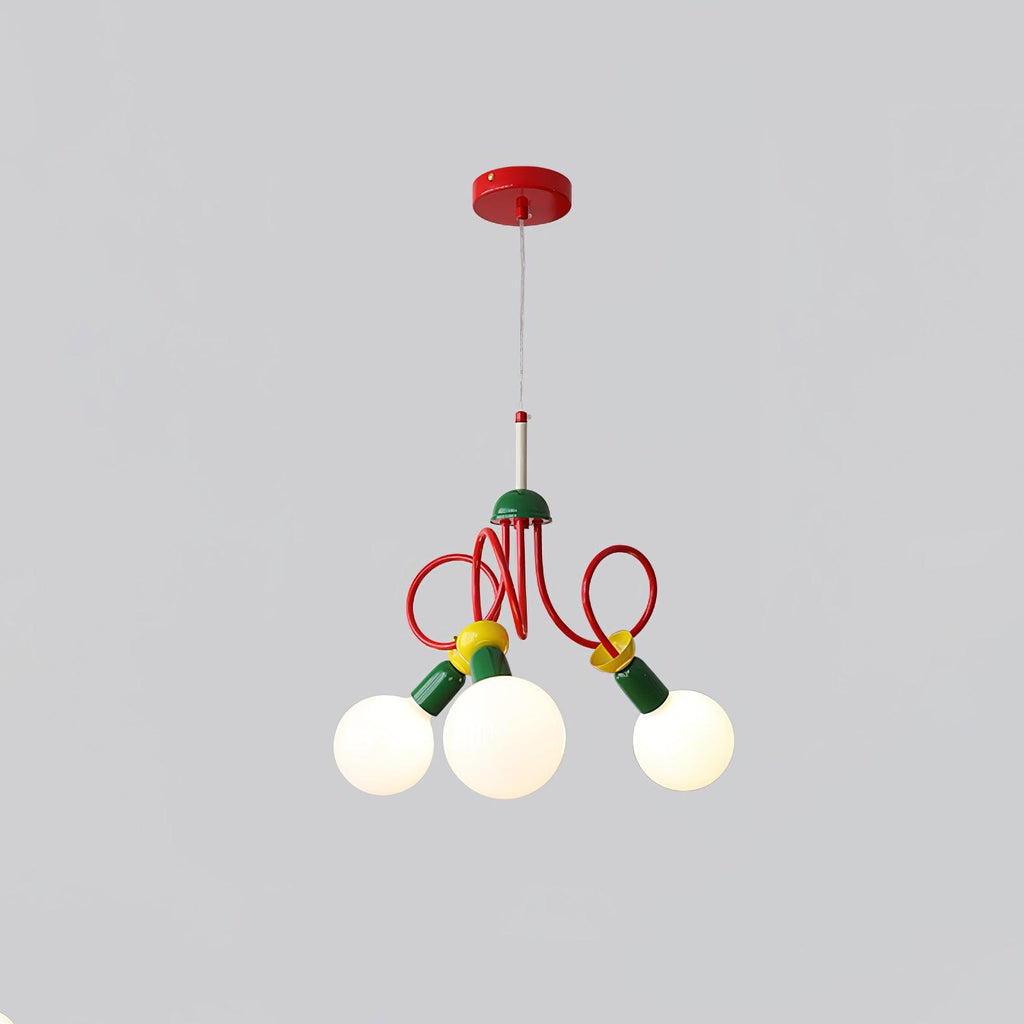 Three-head Clérachic pendant on a red ceiling plate, with glowing round bulbs and looping red tubes on light grey.