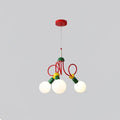 Three-head Clérachic pendant on a red ceiling plate, with glowing round bulbs and looping red tubes on light grey.