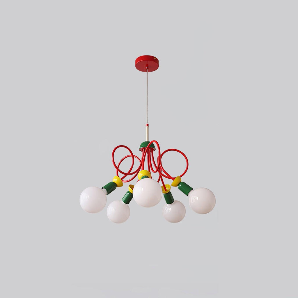Five-head Clérachic pendant with pale pink-tinted globes, red tubes and yellow collars on a light grey backdrop.