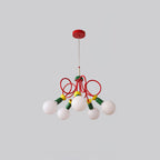 Five-head Clérachic pendant with pale pink-tinted globes, red tubes and yellow collars on a light grey backdrop.
