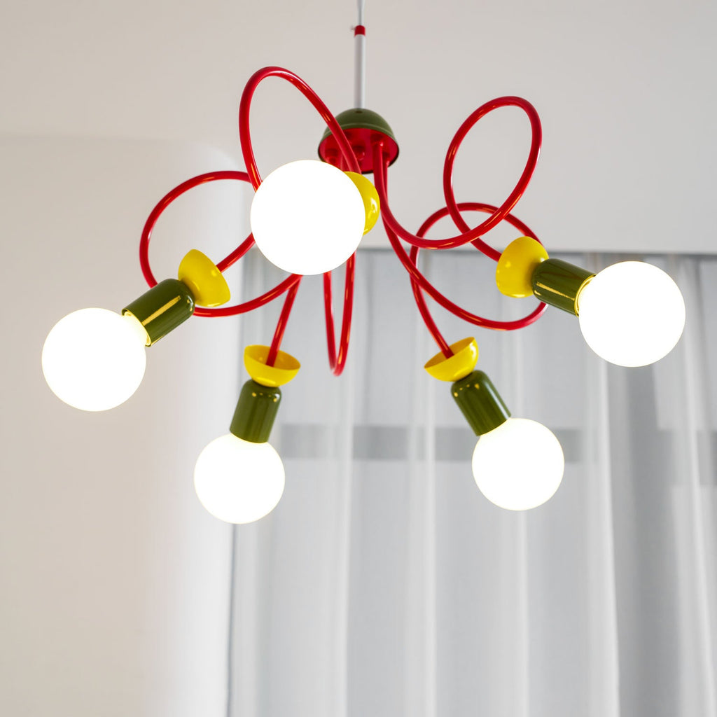 Looking up at the five lit globes and thick red loops of this Clérachic pendant, with a white curtain behind.