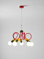 Five-head Clérachic pendant on a red ceiling plate, shown whole against a plain grey wall with its globes lit.