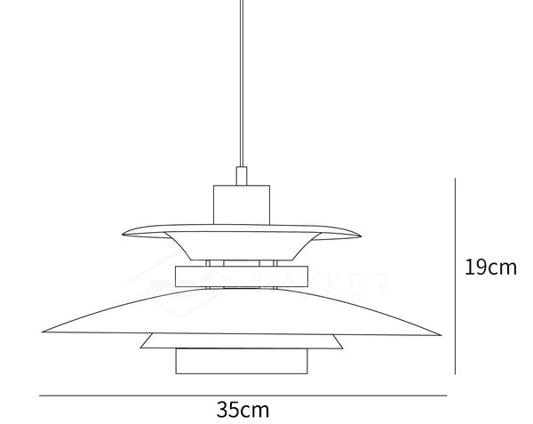 Dimension drawing of the mercero pendant lamp, in outline against white.