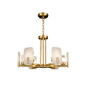 Studio view of the Clérachic Meridian Alabaster Chandelier, six lights, showing the full drop from ceiling canopy through chain to hub.
