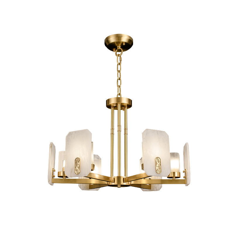 Studio view of the Clérachic Meridian Alabaster Chandelier, six lights, showing the full drop from ceiling canopy through chain to hub.