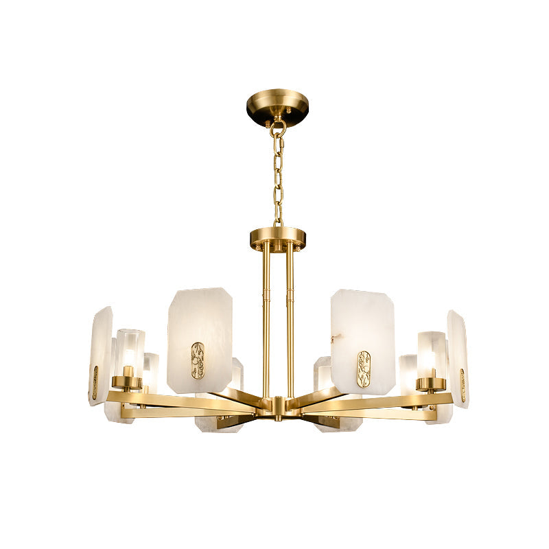 Clérachic Meridian Alabaster Chandelier, eight lights, seen straight on so the clear glass cylinders read behind each stone panel.