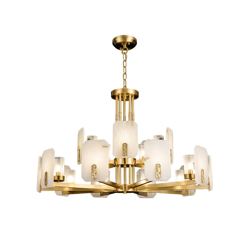 Two-tier fifteen-light Clérachic Meridian Alabaster Chandelier, the taller central column lifting five panels above the main ring.