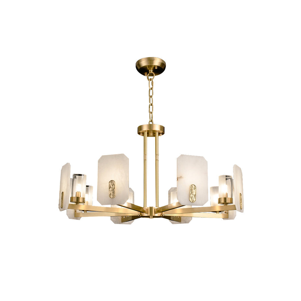Clérachic Meridian Alabaster Chandelier lit on white, warm light glowing through the alabaster while the glass keeps each bulb crisp.