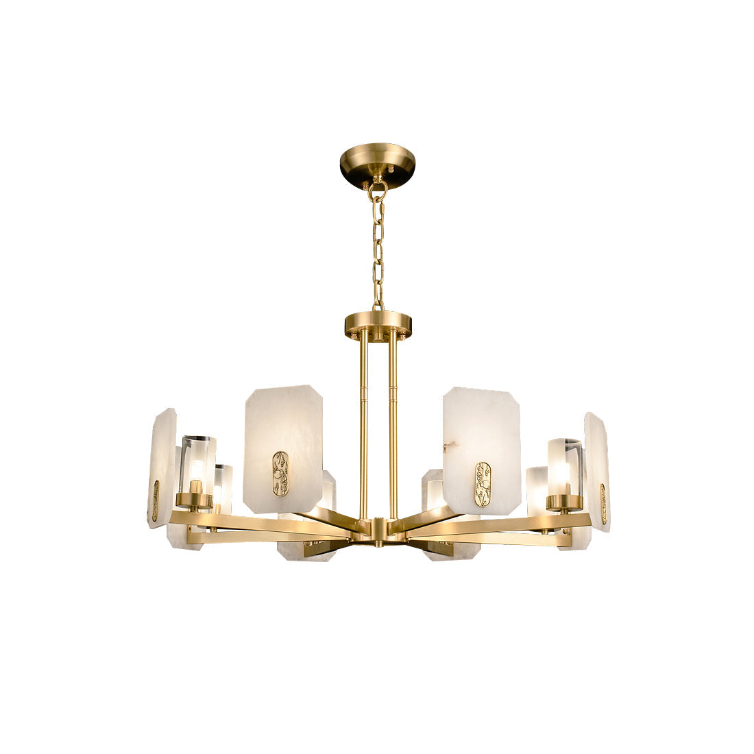 Clérachic Meridian Alabaster Chandelier lit on white, warm light glowing through the alabaster while the glass keeps each bulb crisp.