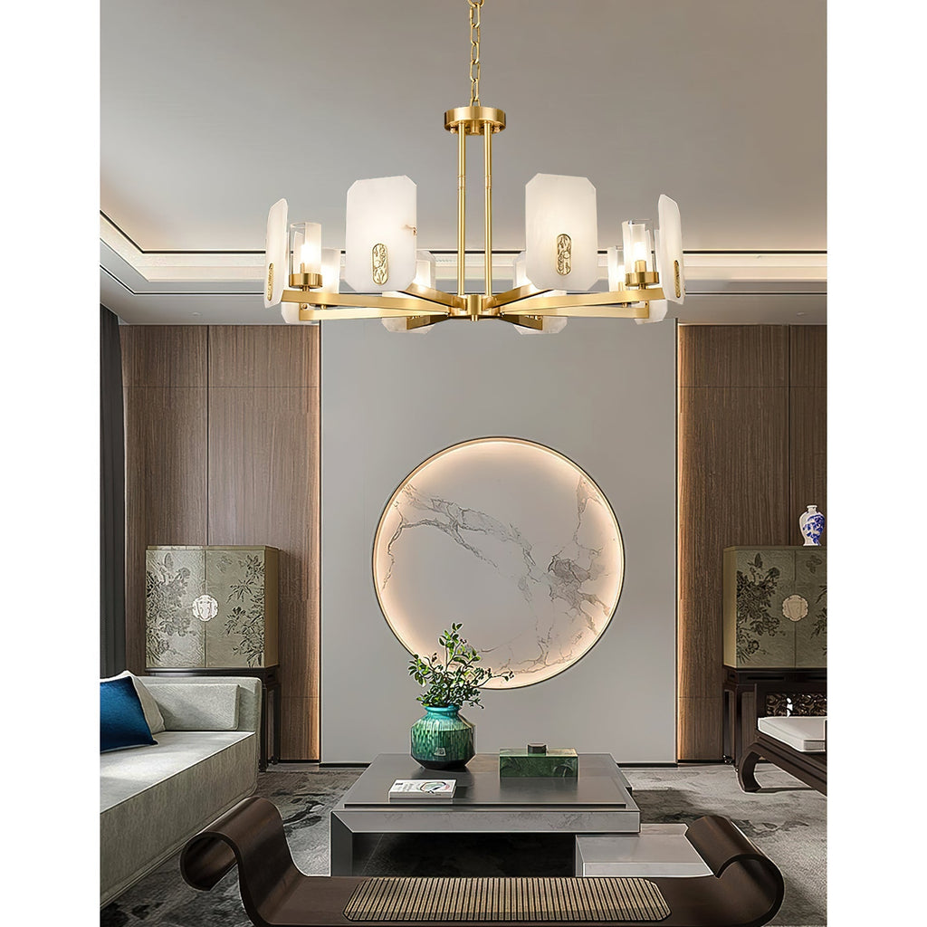 The Clérachic Meridian Alabaster Chandelier in a panelled living room, floating above a round backlit marble moon panel.