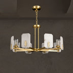 Clérachic Meridian Alabaster Chandelier against a warm taupe backdrop, showing the brass canopy, chain and radial spoke frame.