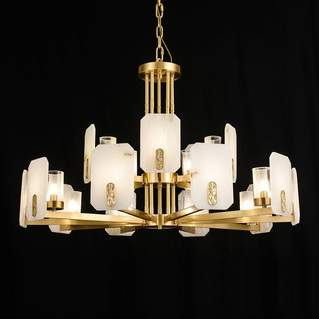 Clérachic Meridian Alabaster Chandelier in fifteen lights on black, the upper tier of five panels rising above the ten below.