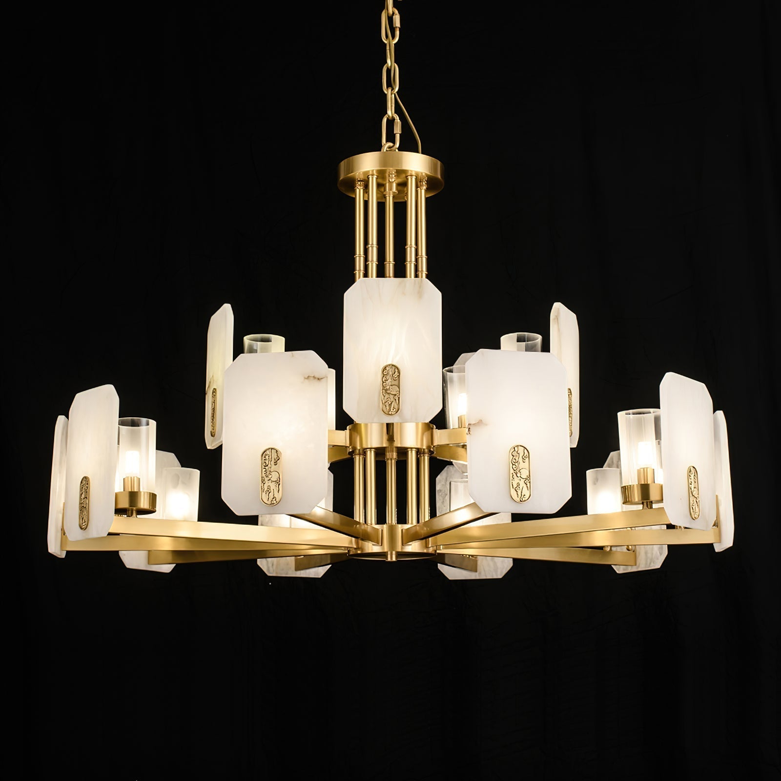Clérachic Meridian Alabaster Chandelier in fifteen lights on black, the upper tier of five panels rising above the ten below.