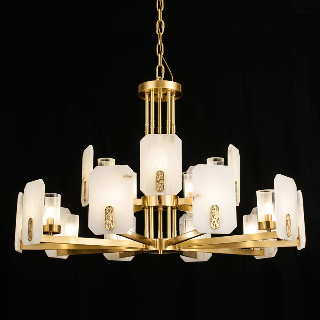 Clérachic Meridian Alabaster Chandelier, fifteen lights lit on black, seen from below so both tiers of alabaster read at once.