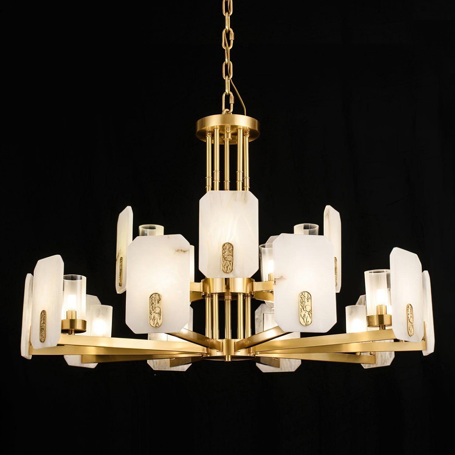 Clérachic Meridian Alabaster Chandelier, fifteen lights lit on black, seen from below so both tiers of alabaster read at once.