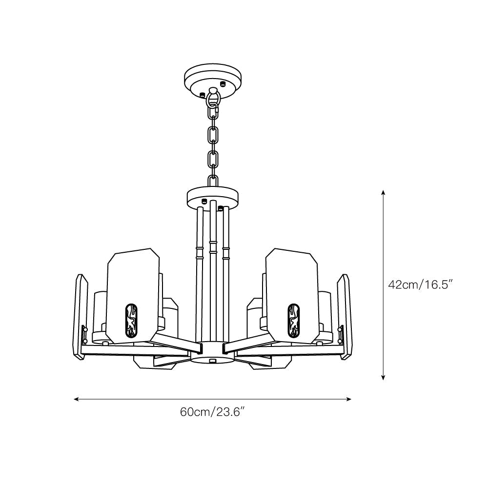 Dimension drawing for the six-light Clérachic Meridian Alabaster Chandelier, 60 cm (23.6″) wide and 42 cm (16.5″) high.