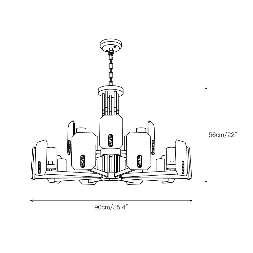 Dimension drawing for the eight-light Clérachic Meridian Alabaster Chandelier, 75 cm (29.5″) wide and 42 cm (16.5″) high.