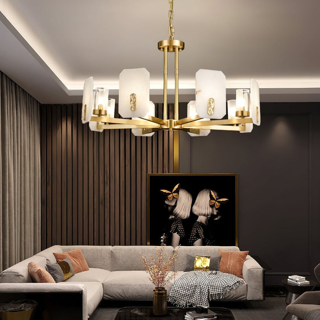 Clérachic Meridian Alabaster Chandelier lit in a dark-panelled lounge, its warm heads set against charcoal walls and a framed print.