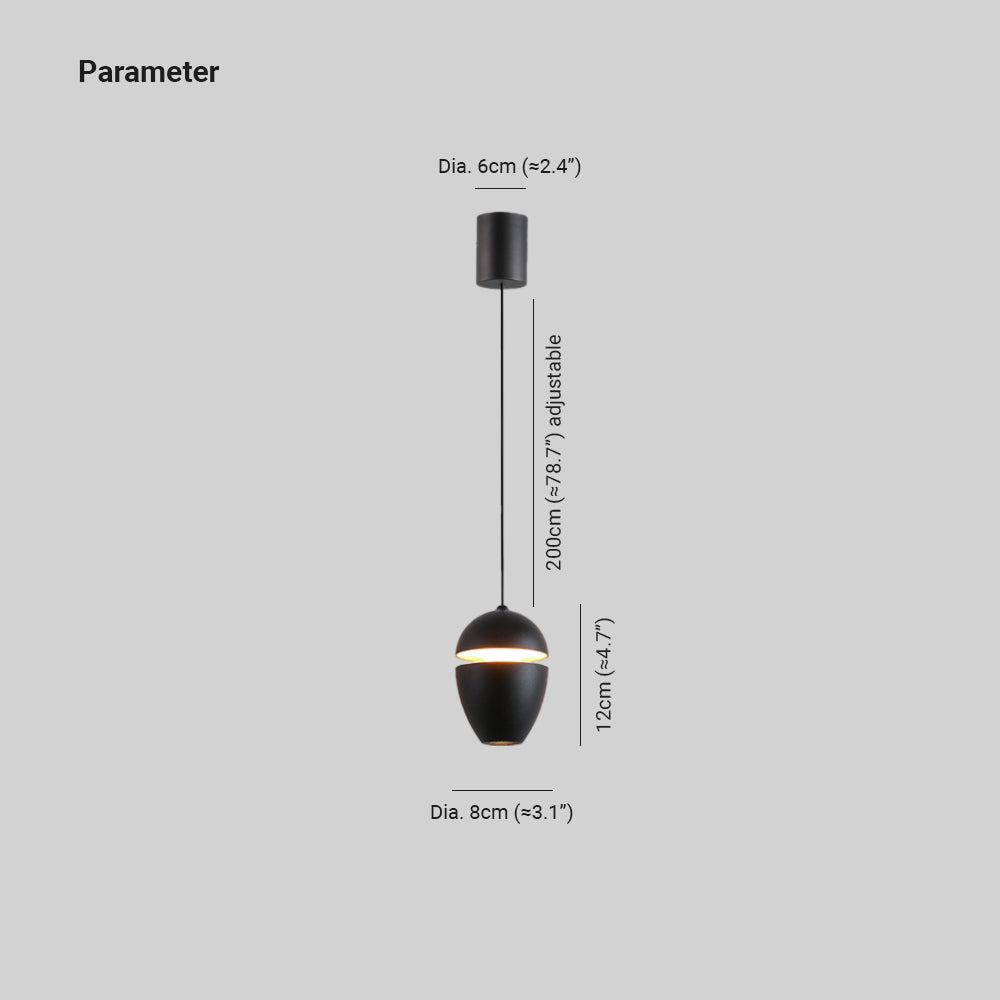 Clérachic dimension drawing of the black acorn pendant: 8 cm wide, 12 cm tall, 200 cm adjustable cord.