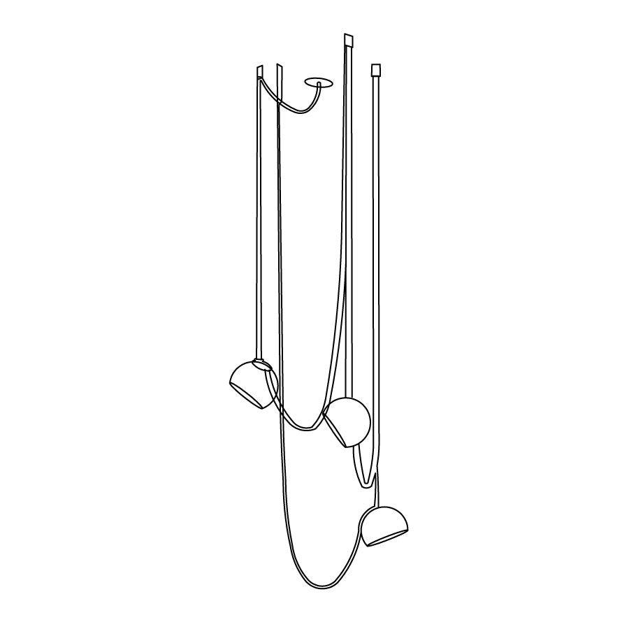 Line drawing of this Clérachic pendant light in a three-head arrangement, with straps hanging at different lengths from one ceiling plate.