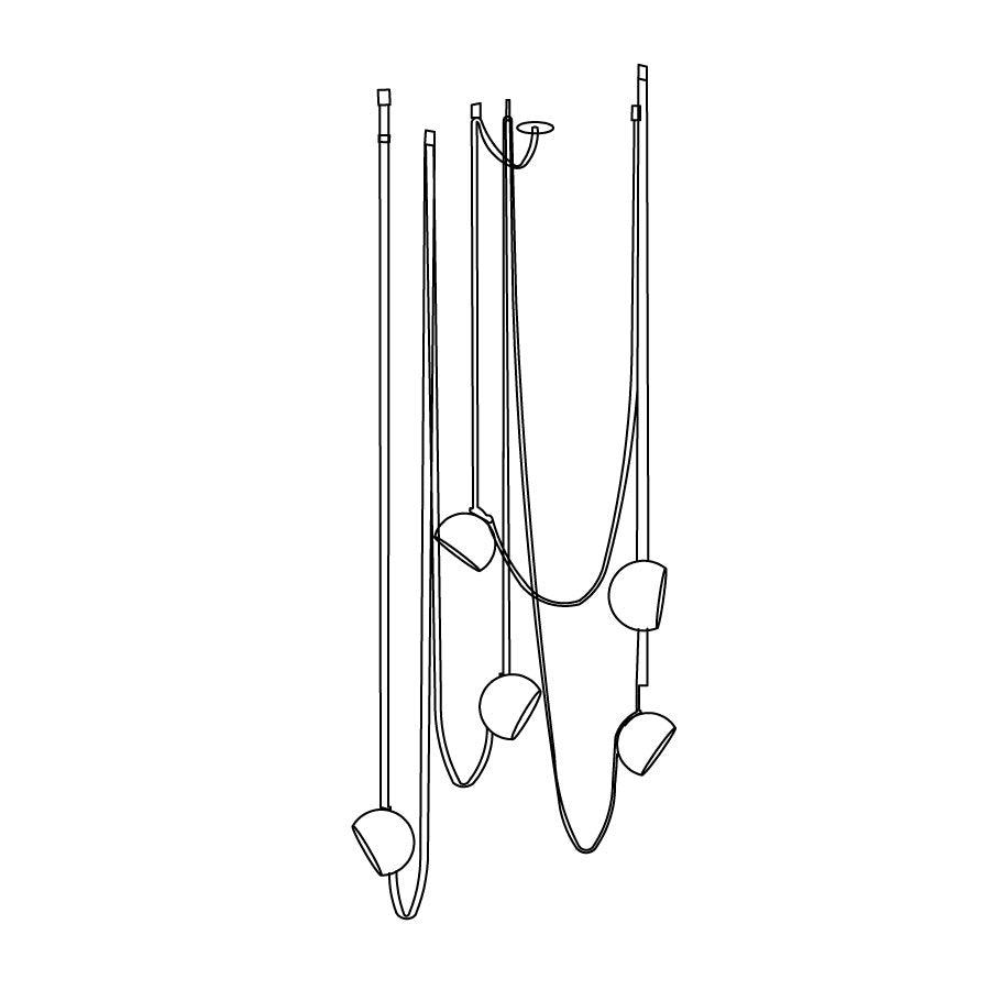 Line drawing of a five-head arrangement of this Clérachic pendant light, with the domes left white and straps of varied length.