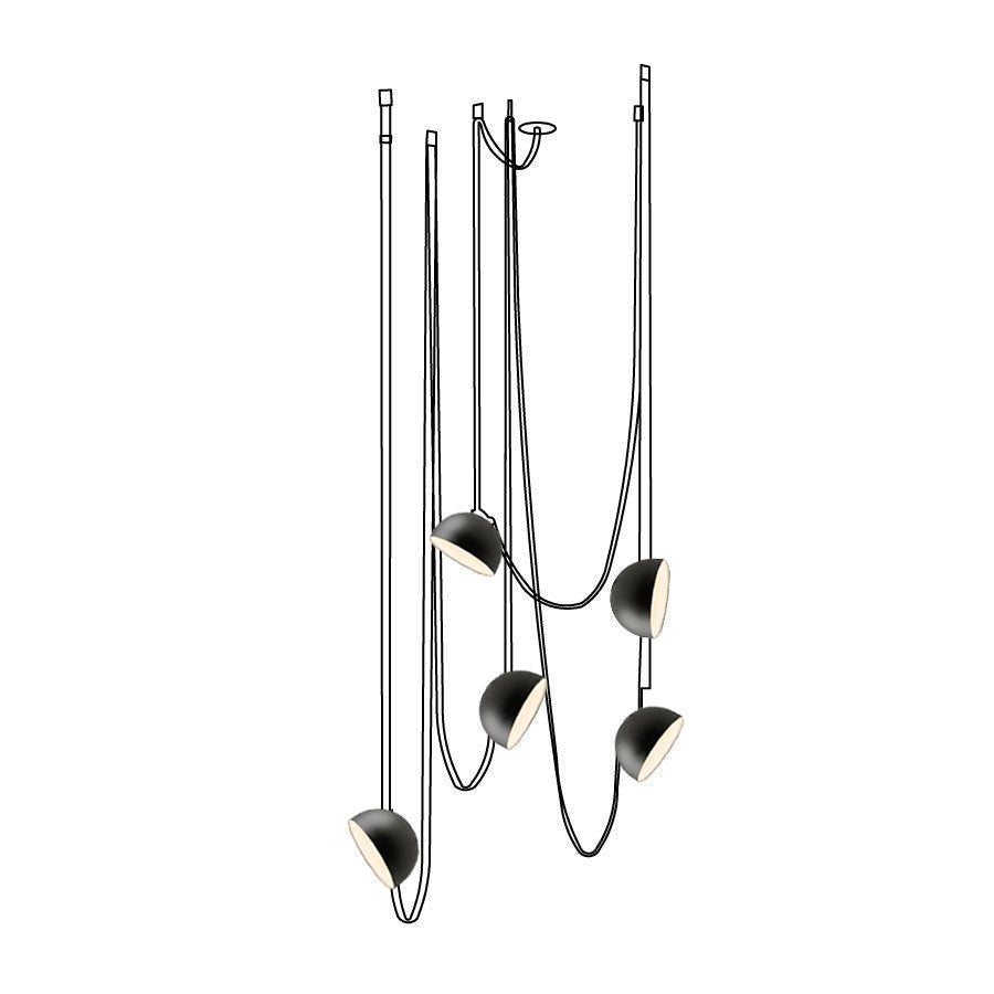 Line drawing of a five-head Clérachic pendant light cluster, with the domes filled in black and the straps drawn as outlines.