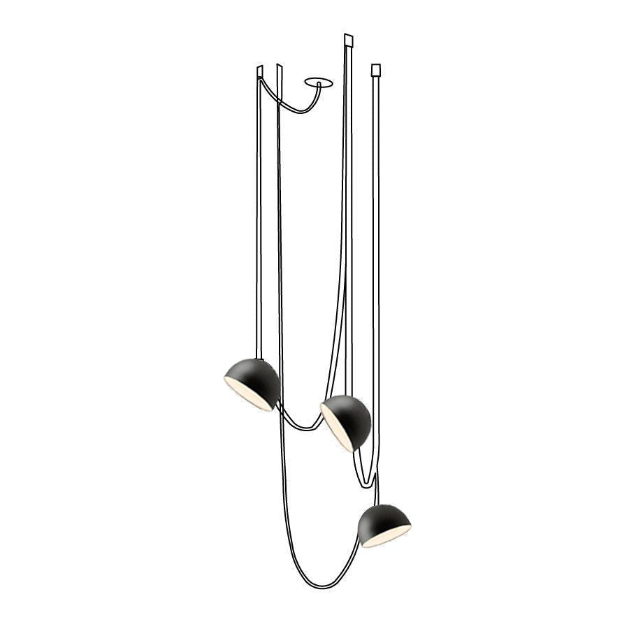 Line drawing of this Clérachic pendant light with three black domes at staggered heights from a single ceiling plate.